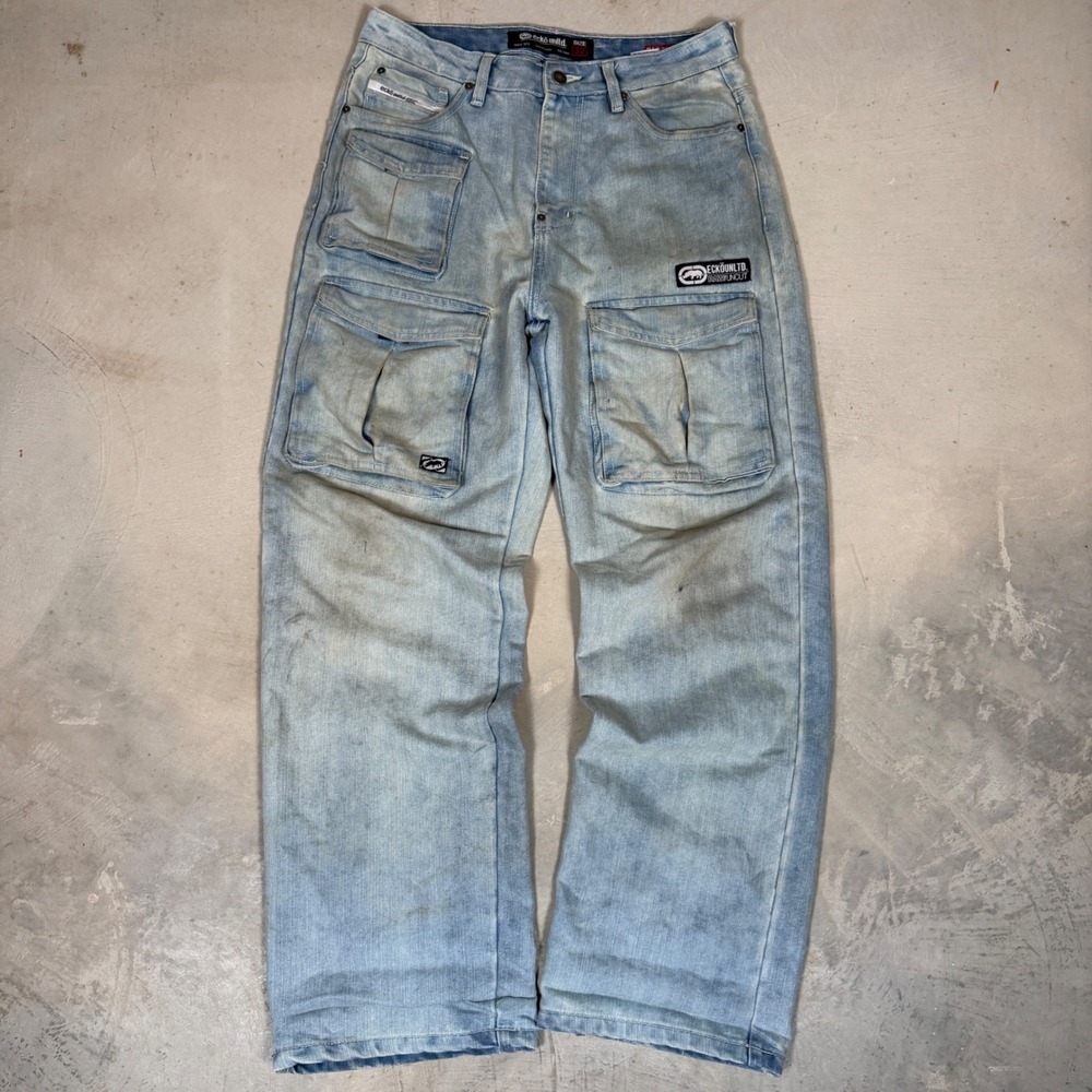 Ecko Unltd Baggy Fit Cargo Jeans Light Wash Y2K Streetwear Mens 32